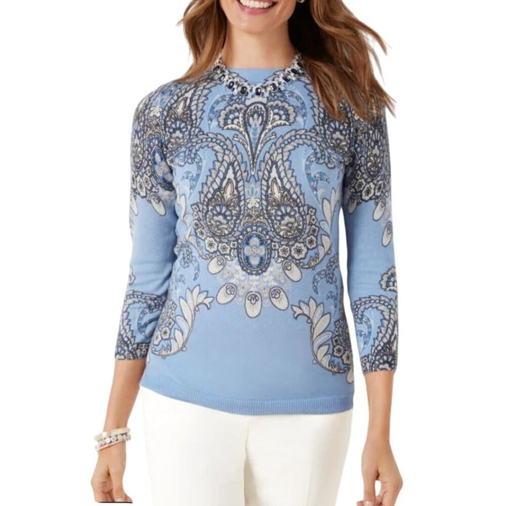Talbots Audrey Cashmere Paisley Medallion Crewneck Sweater Green Lavender Size S - Picture 3 of 9